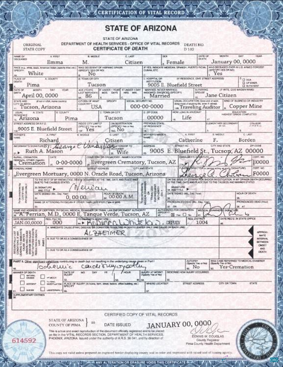 Download USA state Arizona death certificate template in PSD format Photoshop template